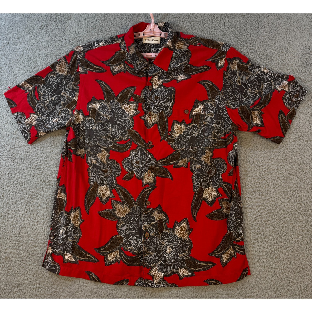 ZZ Caribbean Hawaiian Shirt Red Floral Rayon Button Up Mens L